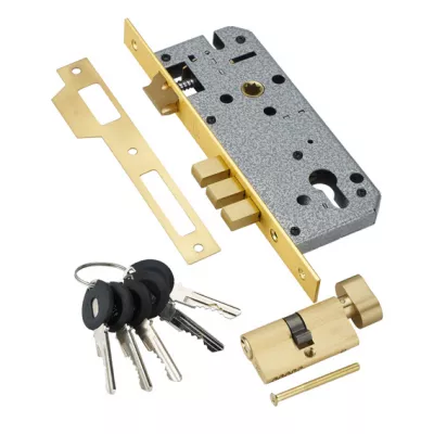 Замок врезной с секретным двухрядным цилиндром ADDEN BAU  LOCK 4585 5-60B D GOLD Золото, ключ-вертушка, английский ключ