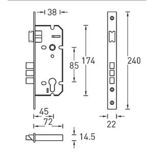 Замки врезные с защелкой (а=85мм, 3 прямоугольных ригеля) ARCHIE ключ-ключ английский ключ L01-45-70 В, Латунь