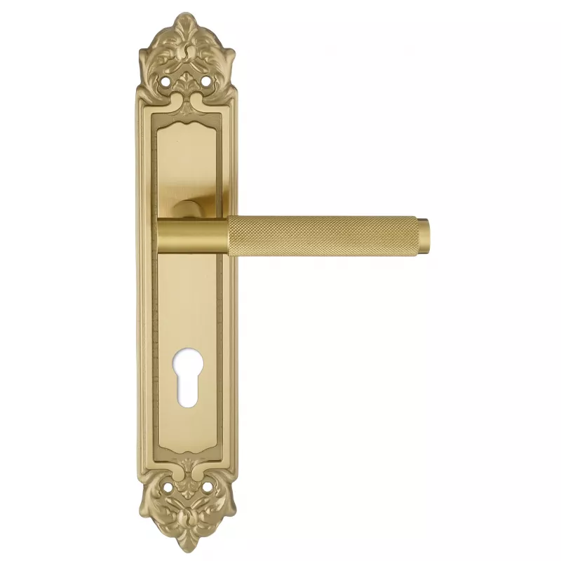 Дверная ручка на планке Extreza "TUBA" 126 PL02-CYL-85 матовая латунь глянец F07