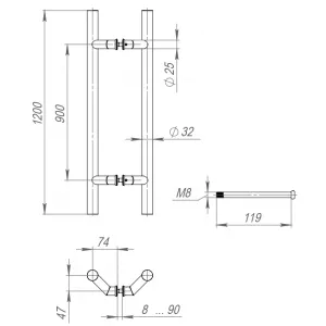 Ручка-скоба PH-45-32/1200-INOX с креплением под 45 град.(нержавейка 304)