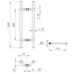 Ручка-скоба PH-45-32/1000-INOX с креплением под 45 град.(нержавейка 304)